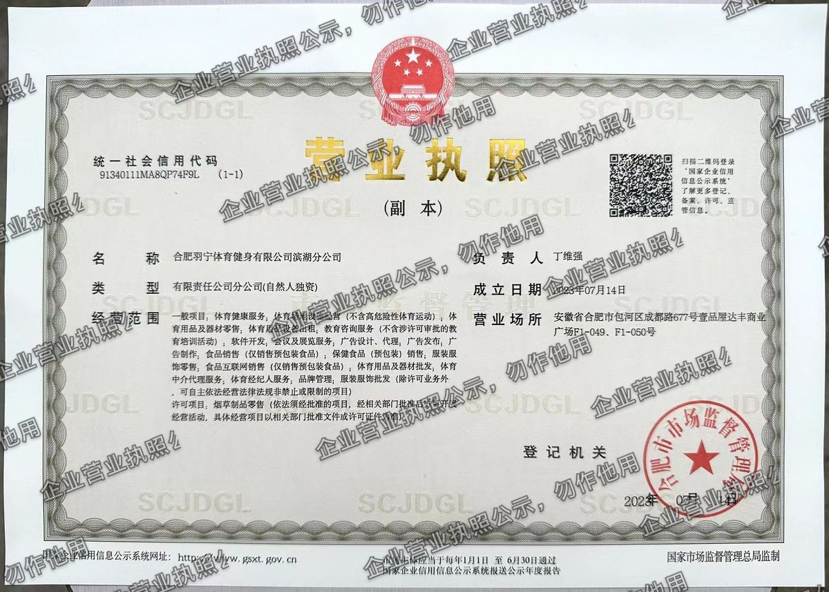 合肥羽宁体育健身有限公司滨湖分公司 营业执照高清公示图样