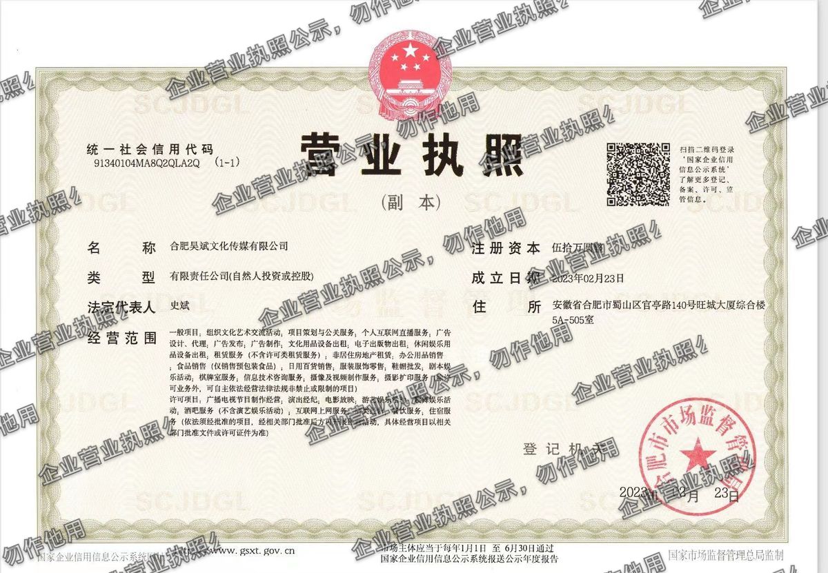 合肥昊斌文化传媒有限公司 营业执照高清公示图样