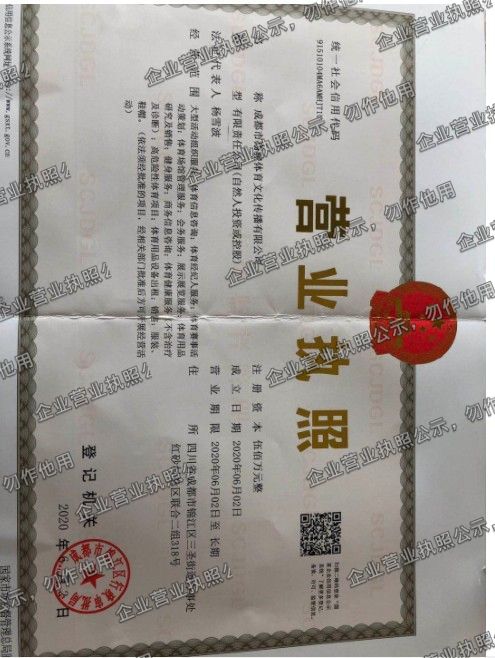 成都市翔骏体育文化传播有限公司 营业执照高清公示图样