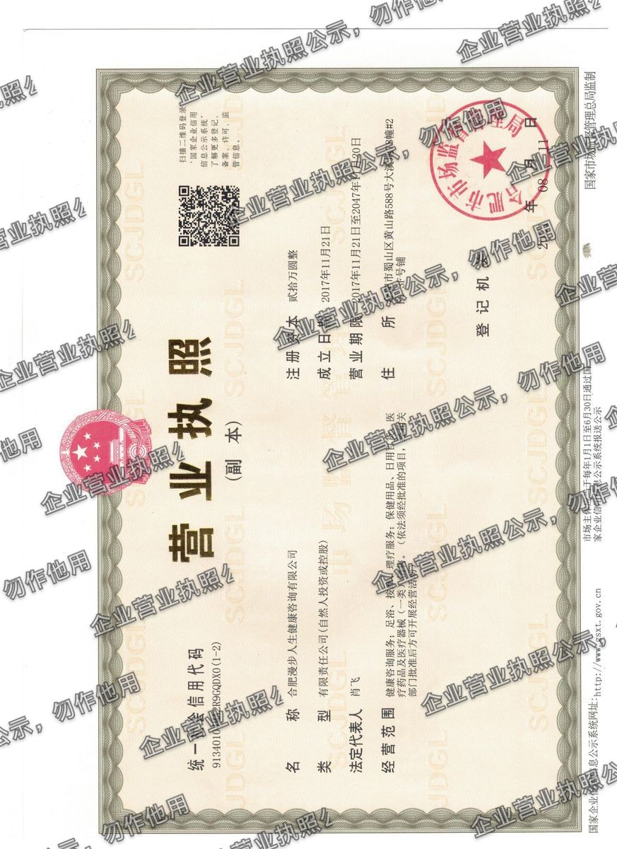 合肥漫步人生健康咨询有限公司 营业执照高清公示图样