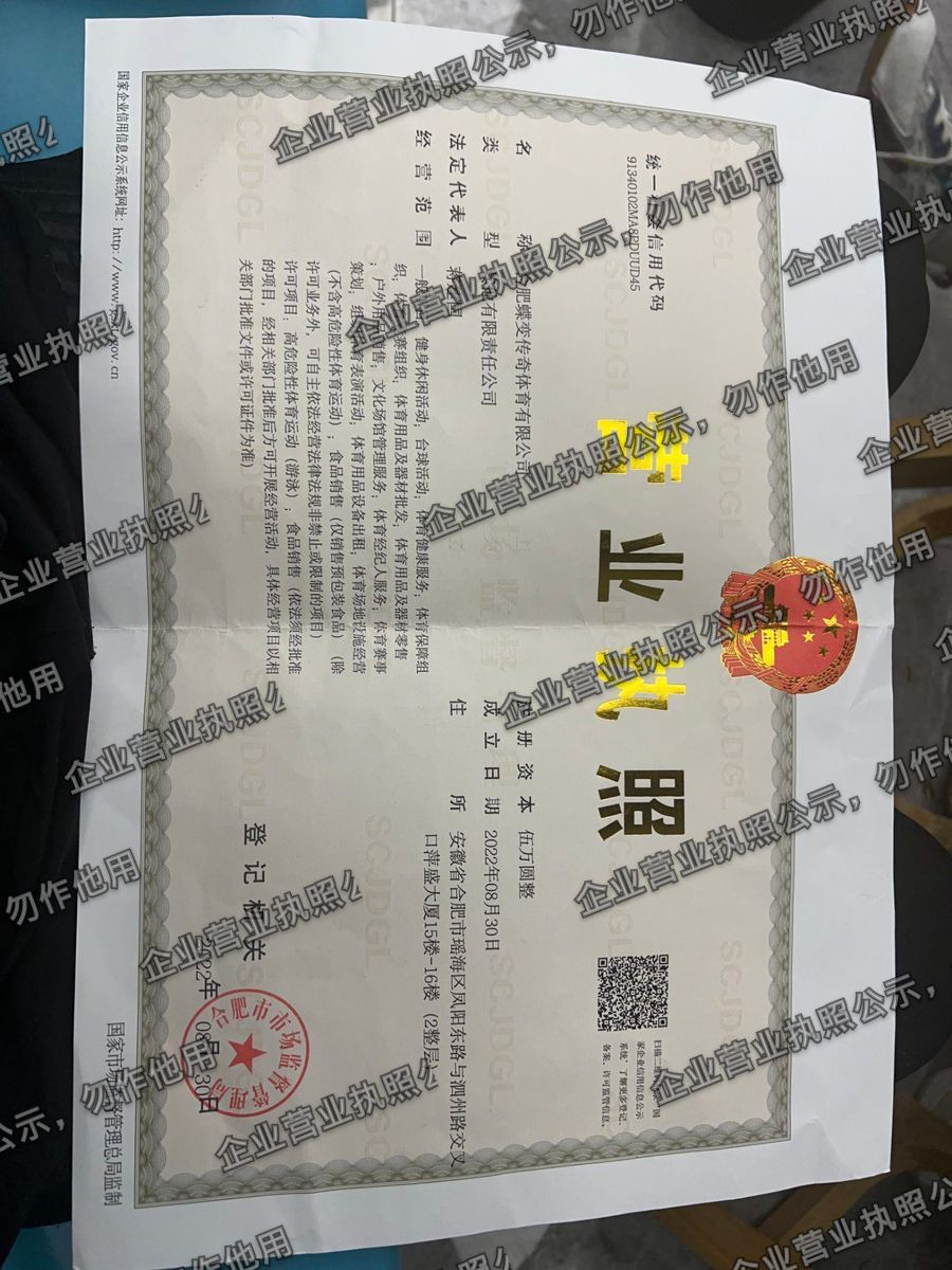 合肥蝶变传奇体育有限公司 营业执照高清公示图样