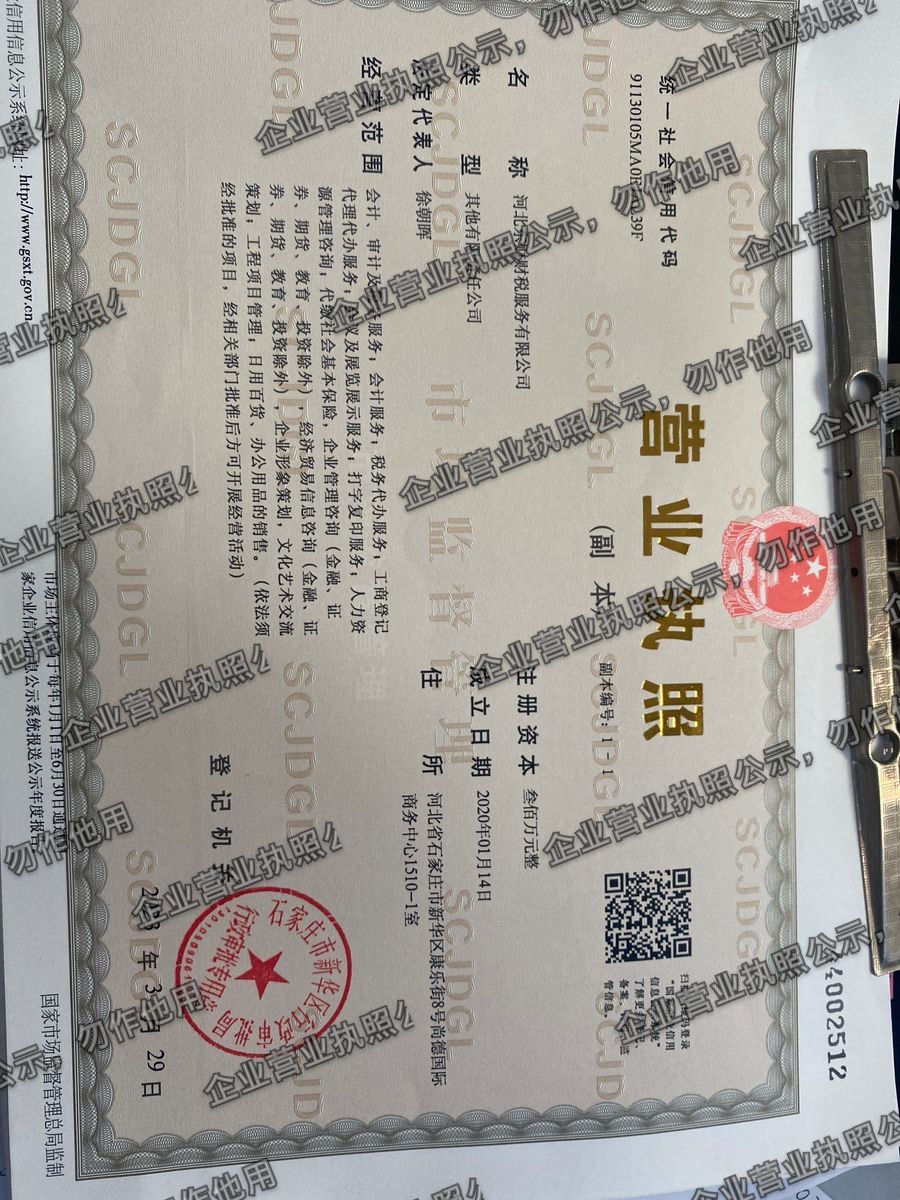 河北东财税税服务有限公司 营业执照高清公示图样