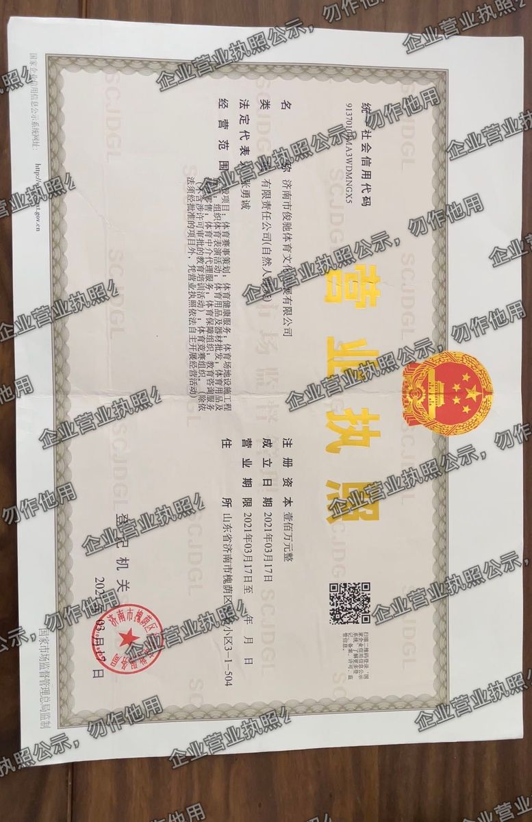 济南市俊驰体育文化发展有限公司 营业执照高清公示图样