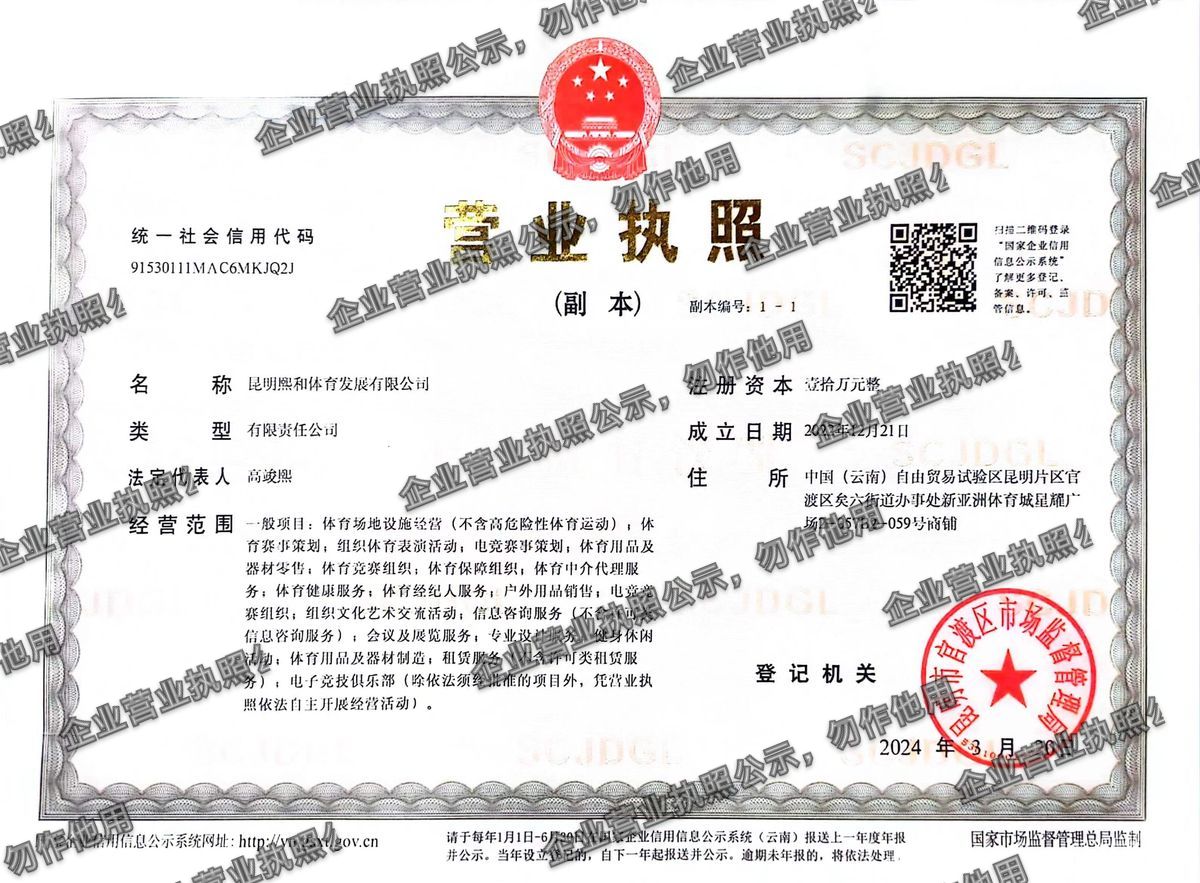 昆明熙和体育发展有限公司 营业执照高清公示图样