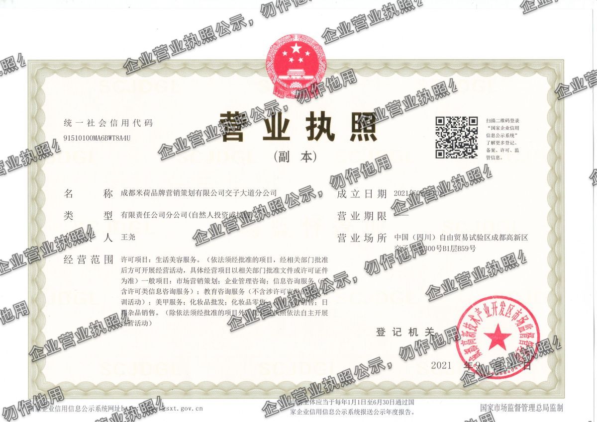 成都米荷品牌营销策划有限公司交子大道分公司 营业执照高清公示图样