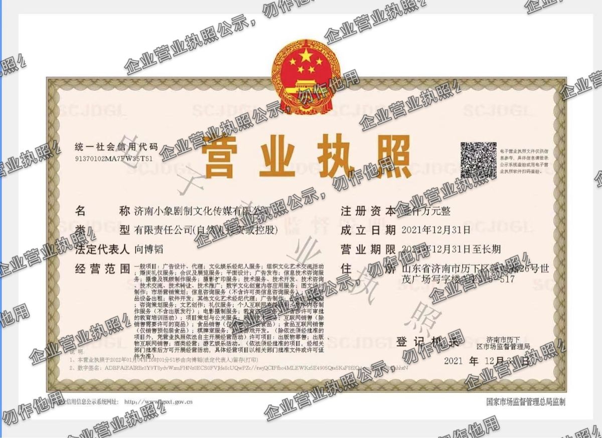 济南小象剧制文化传媒有限公司 营业执照高清公示图样
