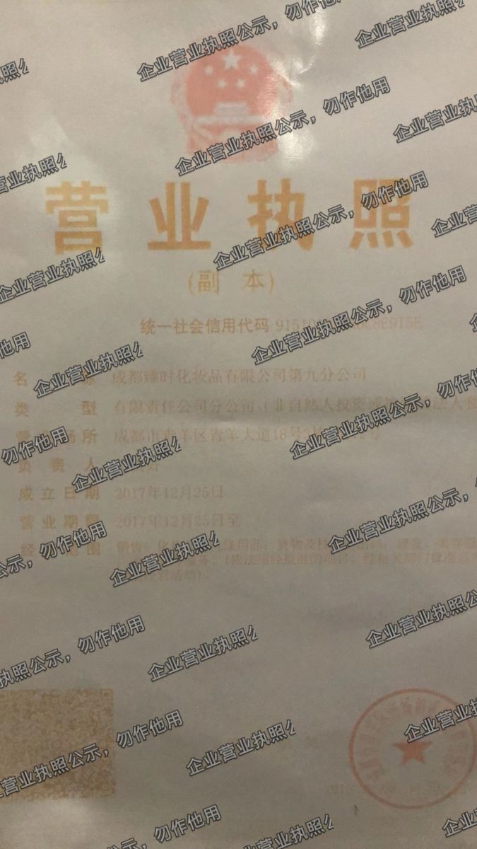 成都臻时化妆品有限公司第九分公司 营业执照高清公示图样