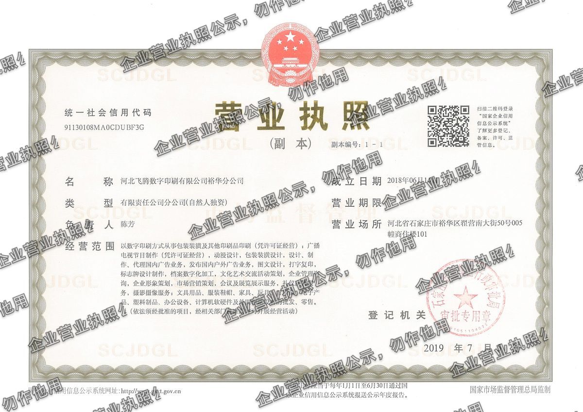 河北飞腾数字印刷有限公司裕华分公司 营业执照高清公示图样