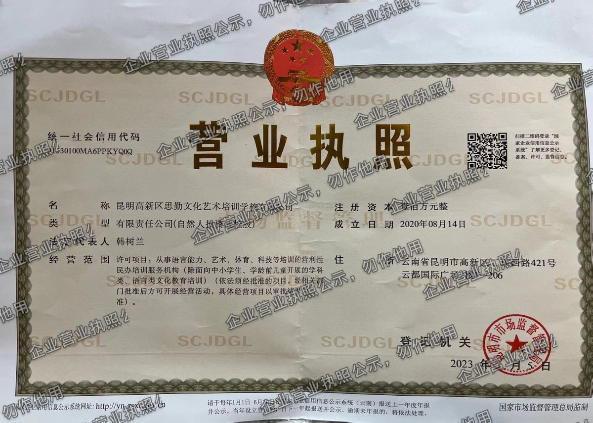 昆明高新区思勤文化艺术培训学校有限公司 营业执照高清公示图样