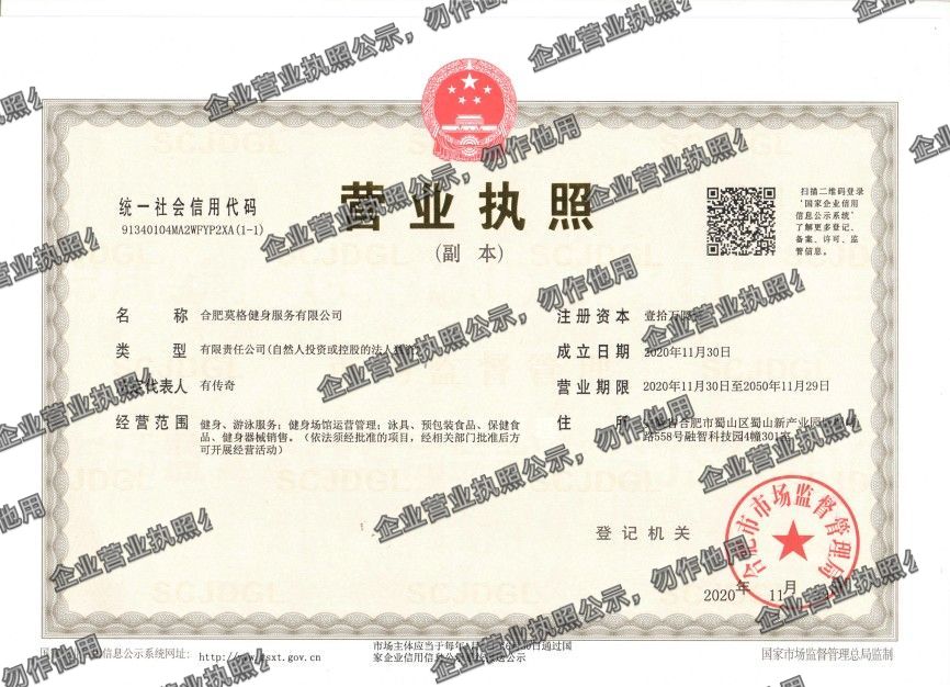 合肥英格健身服务有限公司 营业执照高清公示图样