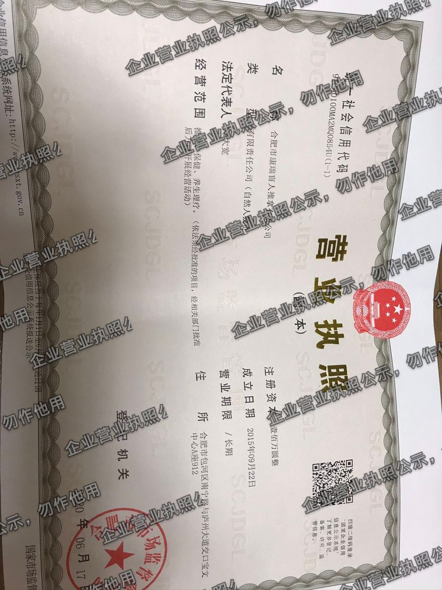 合肥市康瑞盲人推拿有限公司 营业执照高清公示图样