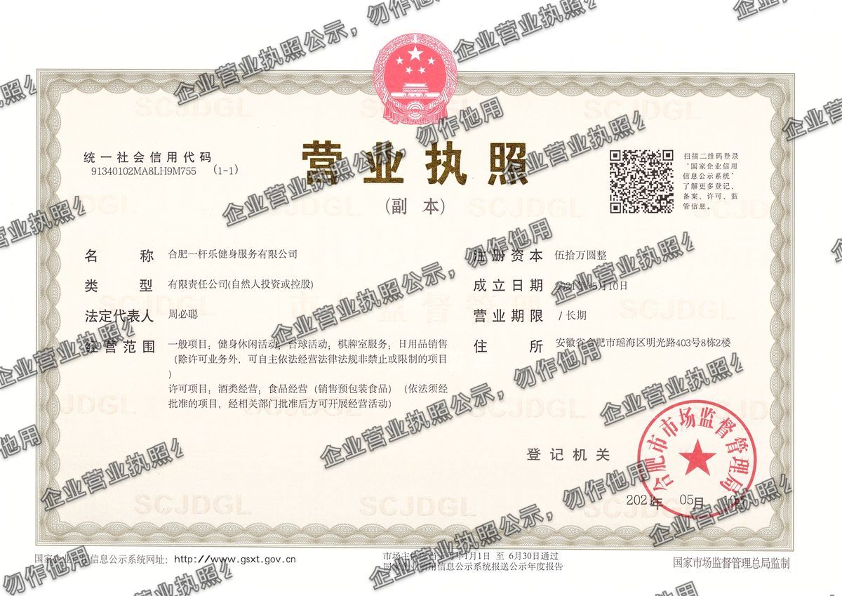 合肥一杆乐健身服务有限公司 营业执照高清公示图样