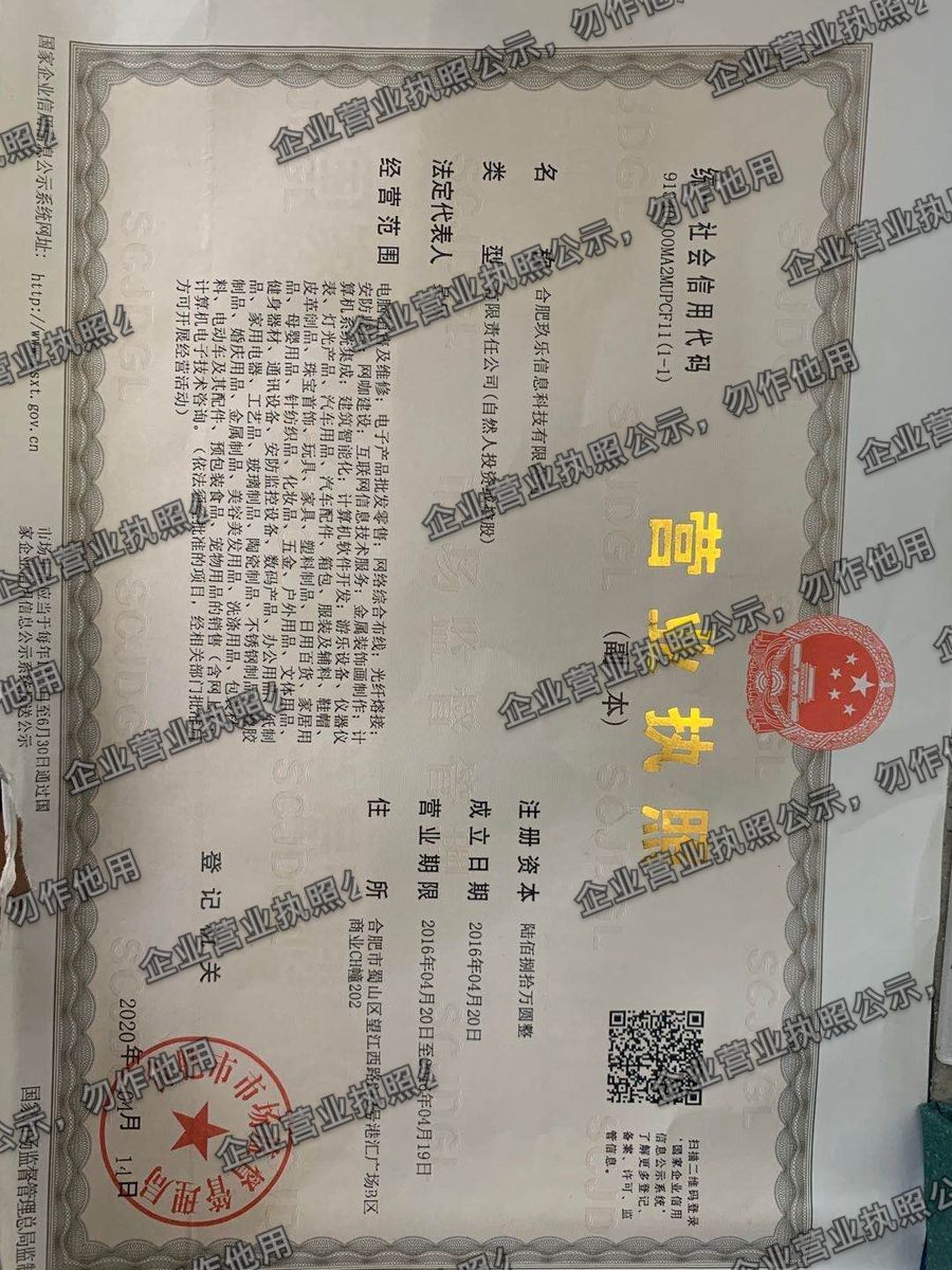 合肥玖乐信息科技有限公司 营业执照高清公示图样