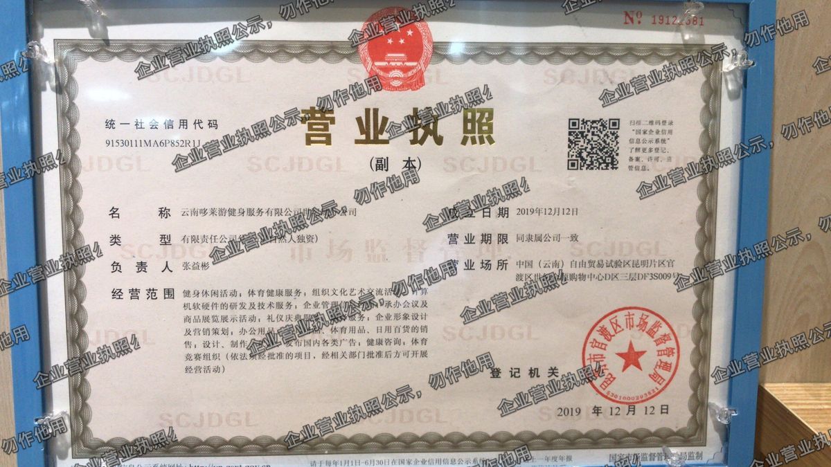 云南哆莱游健身服务有限公司世纪城分公司 营业执照高清公示图样