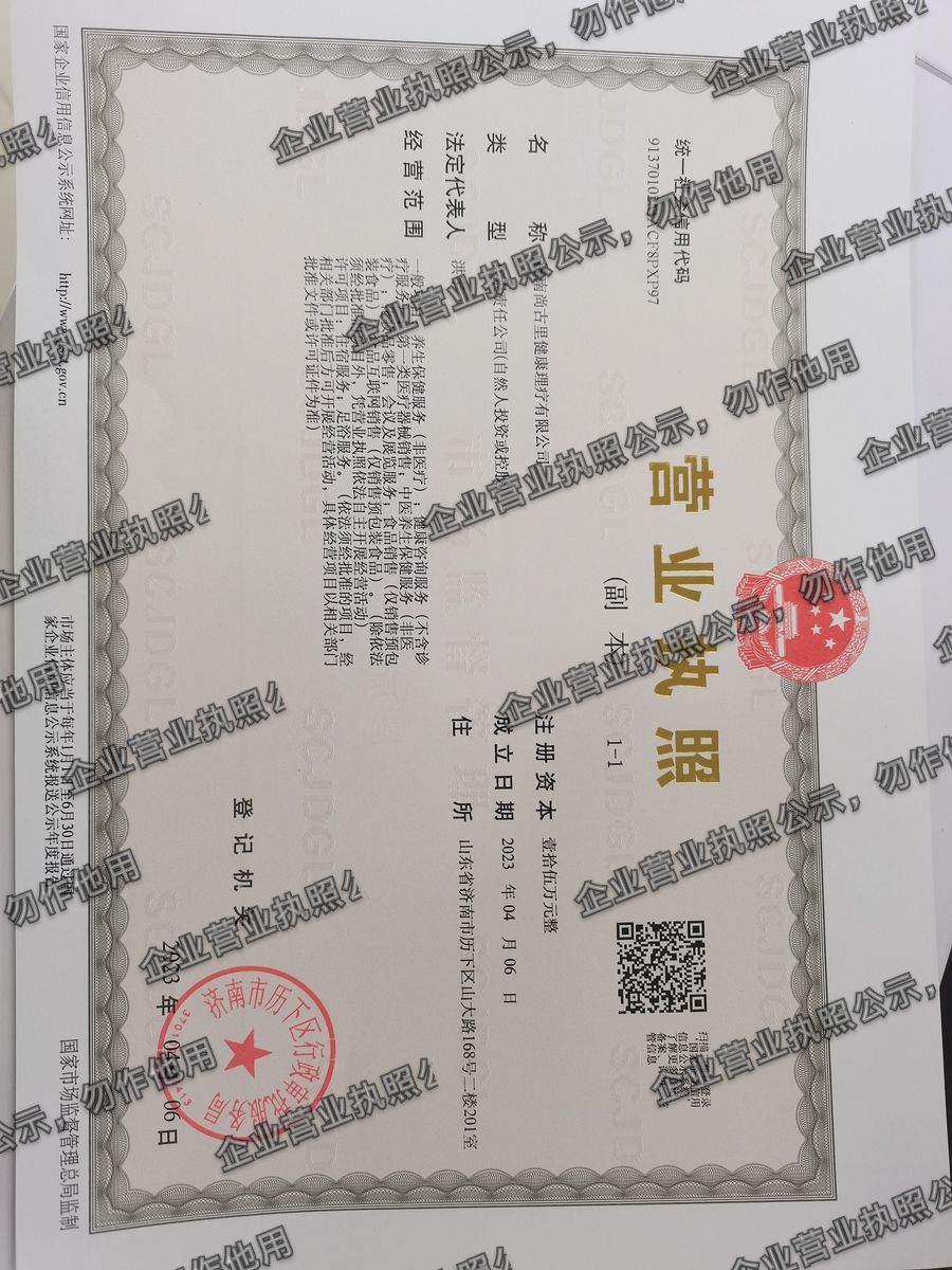 济南尚古里健康理疗有限公司 营业执照高清公示图样