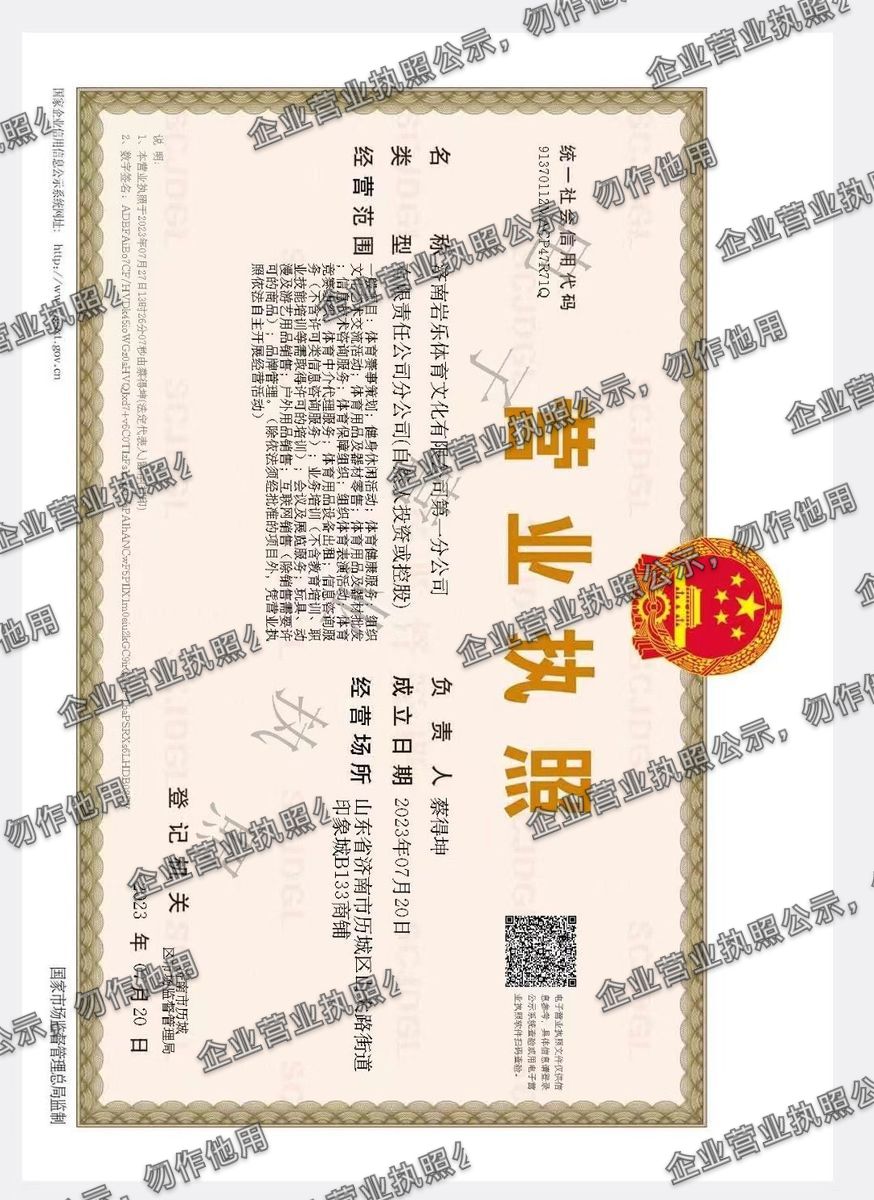济南岩乐体育文化有限公司第一分公司 营业执照高清公示图样