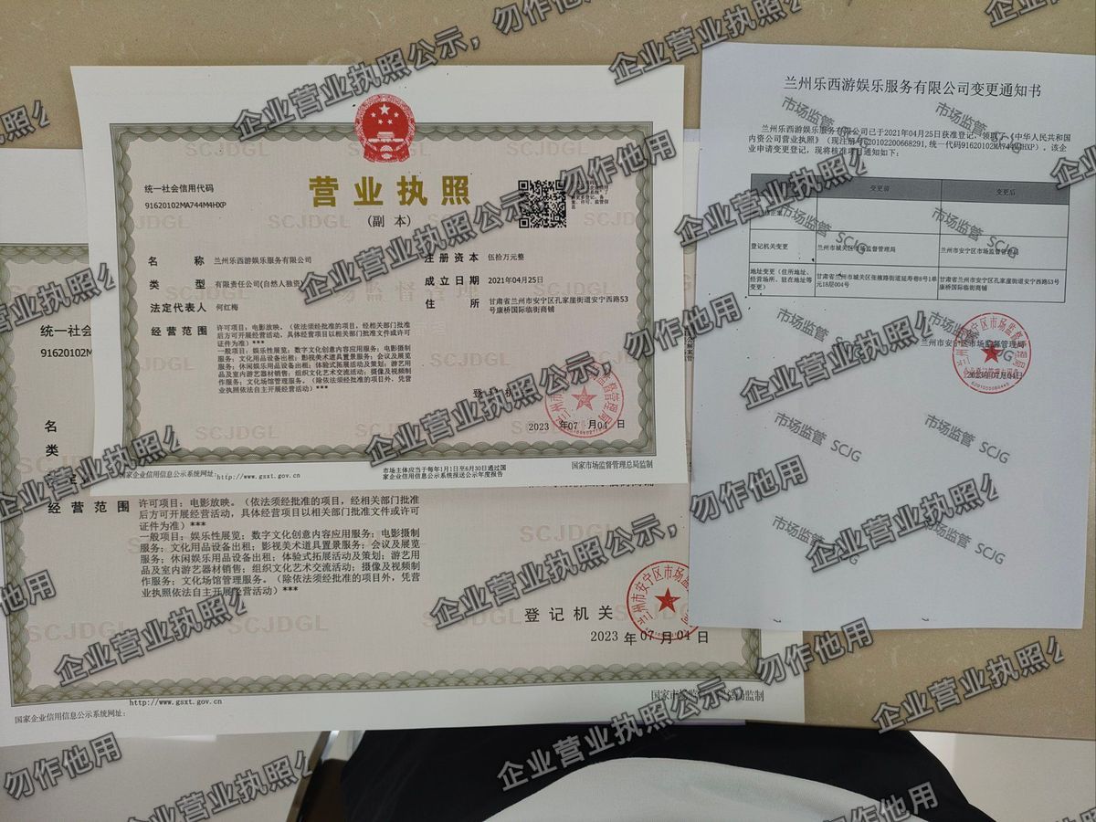 兰州乐西游娱乐服务有限公司 营业执照高清公示图样