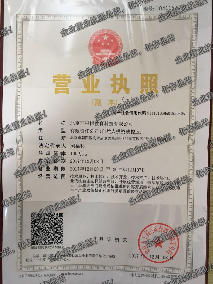 北京平果树教育科技有限公司 营业执照高清公示图样