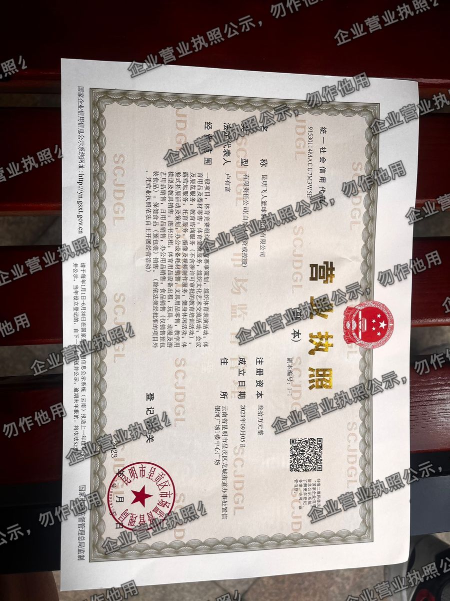 昆明飞人篮球俱乐部有限公司 营业执照高清公示图样