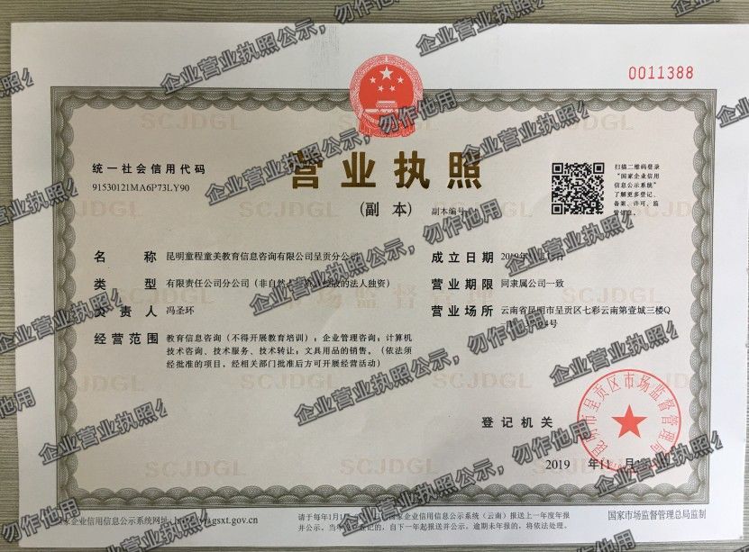 昆明童程童美教育信息咨询有限公司呈贡分公司 营业执照高清公示图样