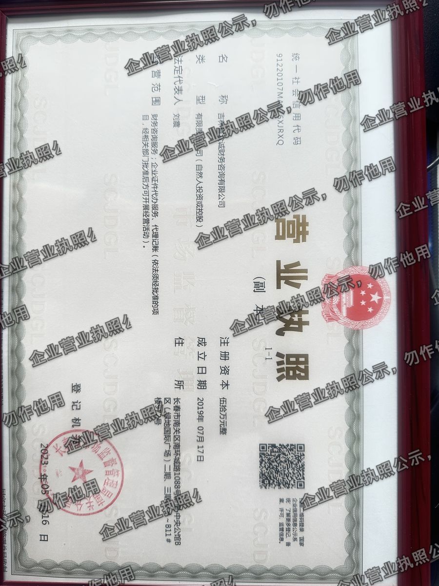吉林省众诚财务咨询有限公司 营业执照高清公示图样