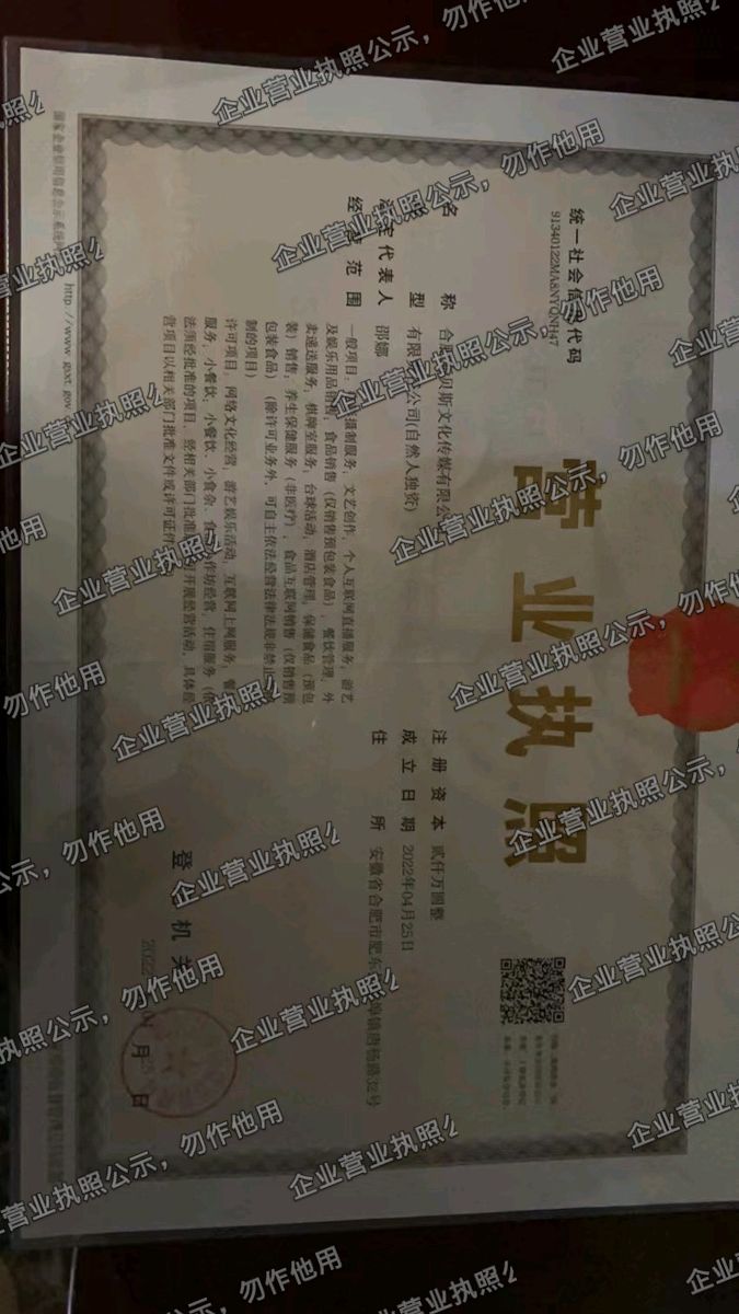 合肥斯贝斯文化传媒有限公司 营业执照高清公示图样