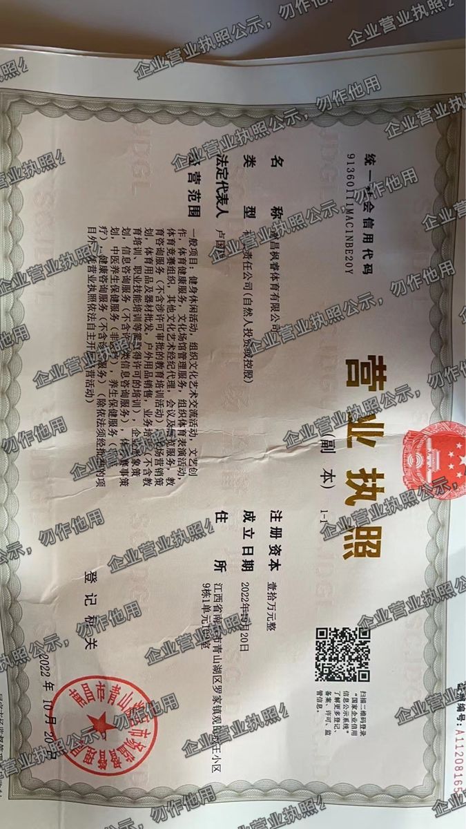 南昌枫睿体育有限公司 营业执照高清公示图样