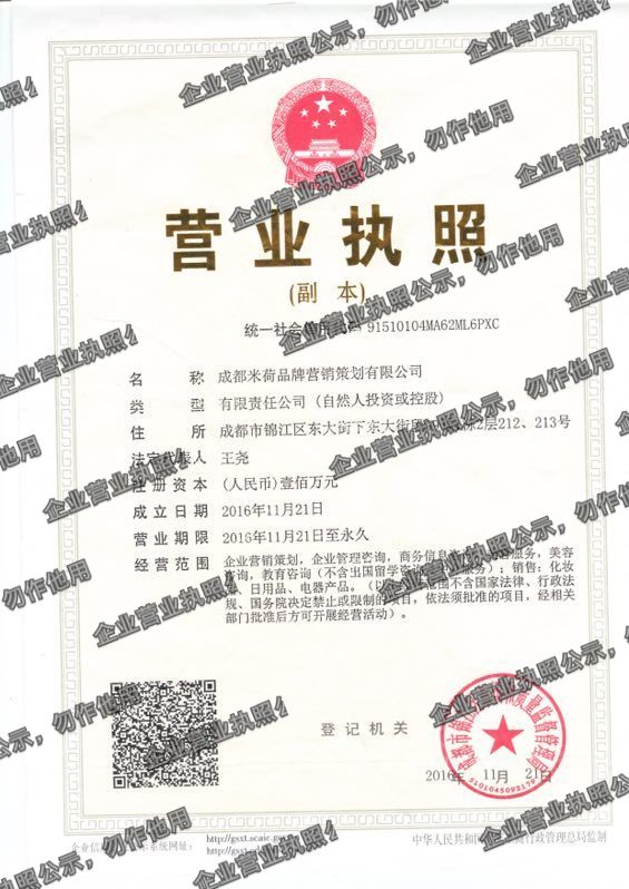 成都米荷品牌营销策划有限公司 营业执照高清公示图样