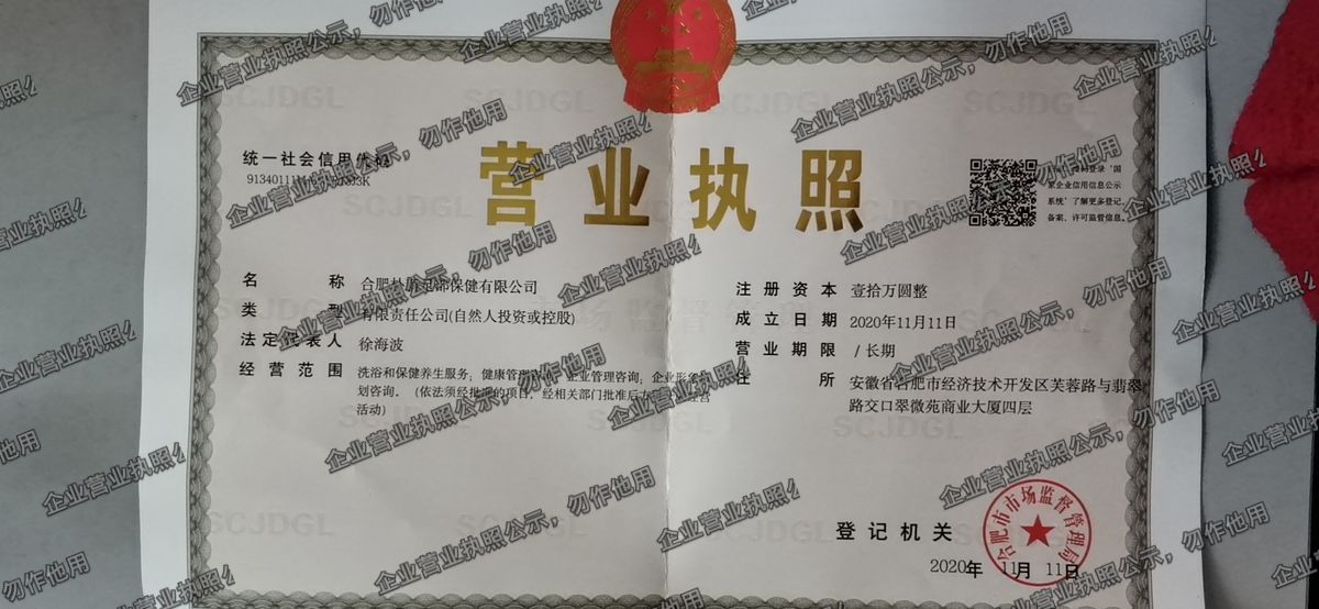 合肥朴新足部保健有限公司 营业执照高清公示图样