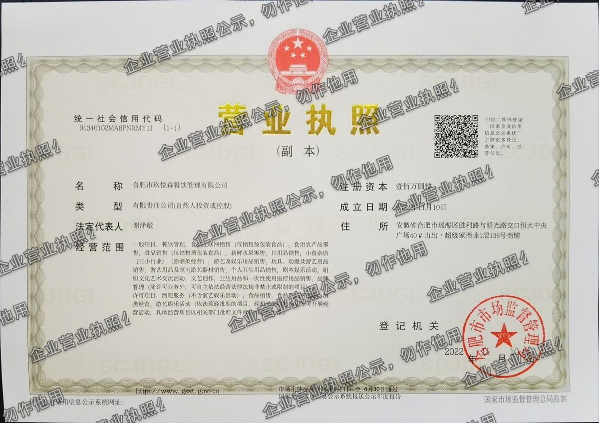 合肥市玖悦森餐饮管理有限公司 营业执照高清公示图样