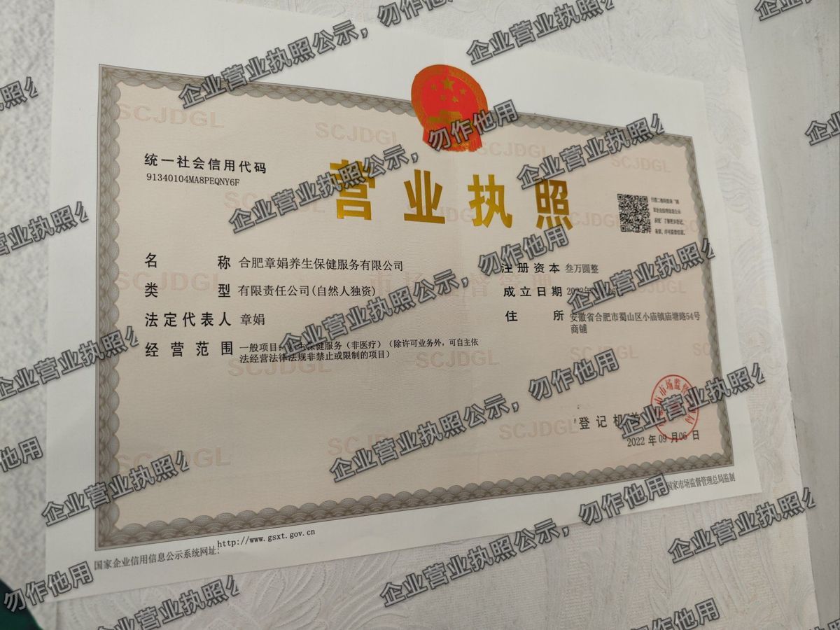 合肥章娟养生保健服务有限公司 营业执照高清公示图样