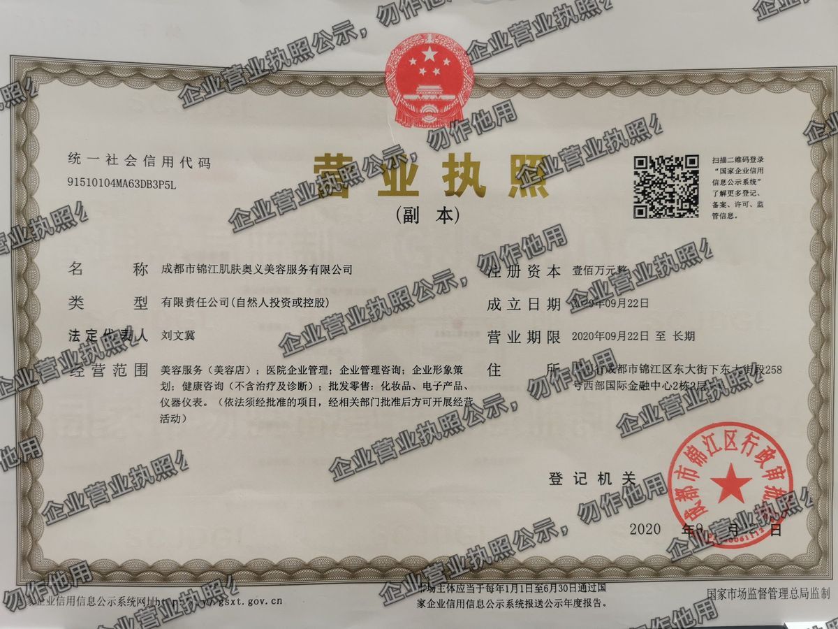 成都市锦江肌肤奥义美容服务有限公司 营业执照高清公示图样