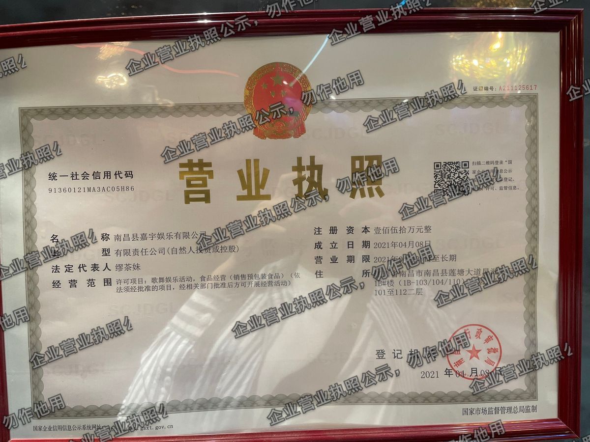 南昌县嘉宇娱乐有限公司 营业执照高清公示图样