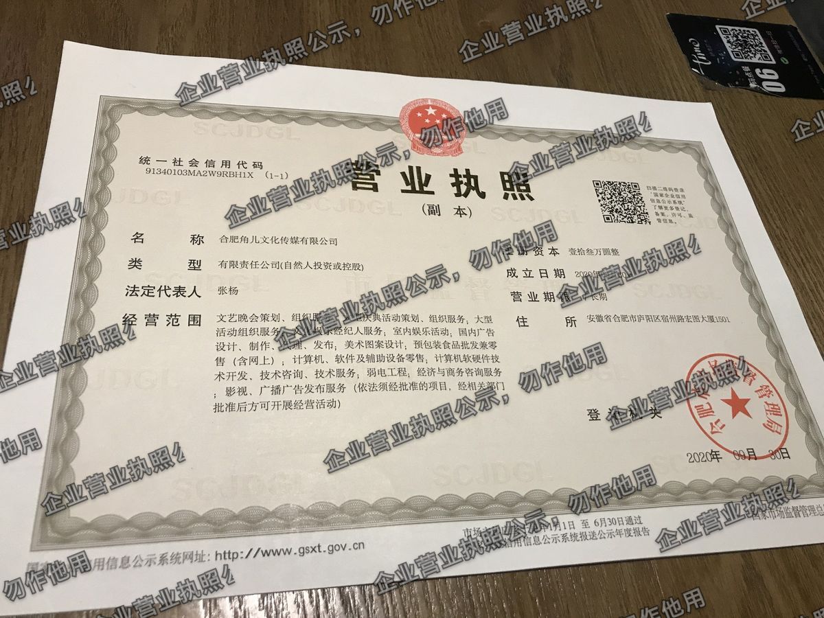 合肥角儿文化传媒有限公司 营业执照高清公示图样