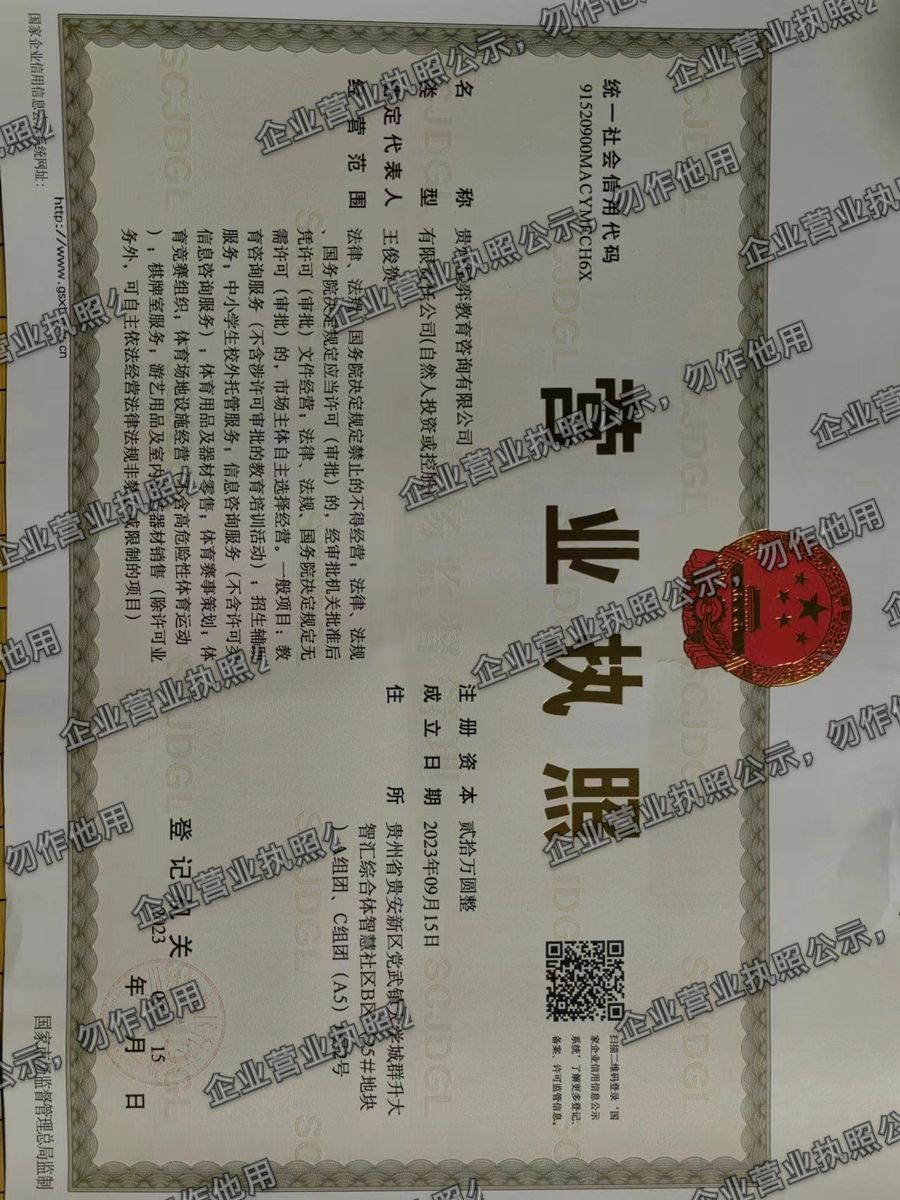 贵州星弈教育咨询有限公司 营业执照高清公示图样