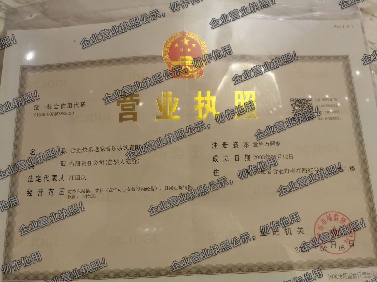 合肥快乐老家音乐茶饮有限公司 营业执照高清公示图样