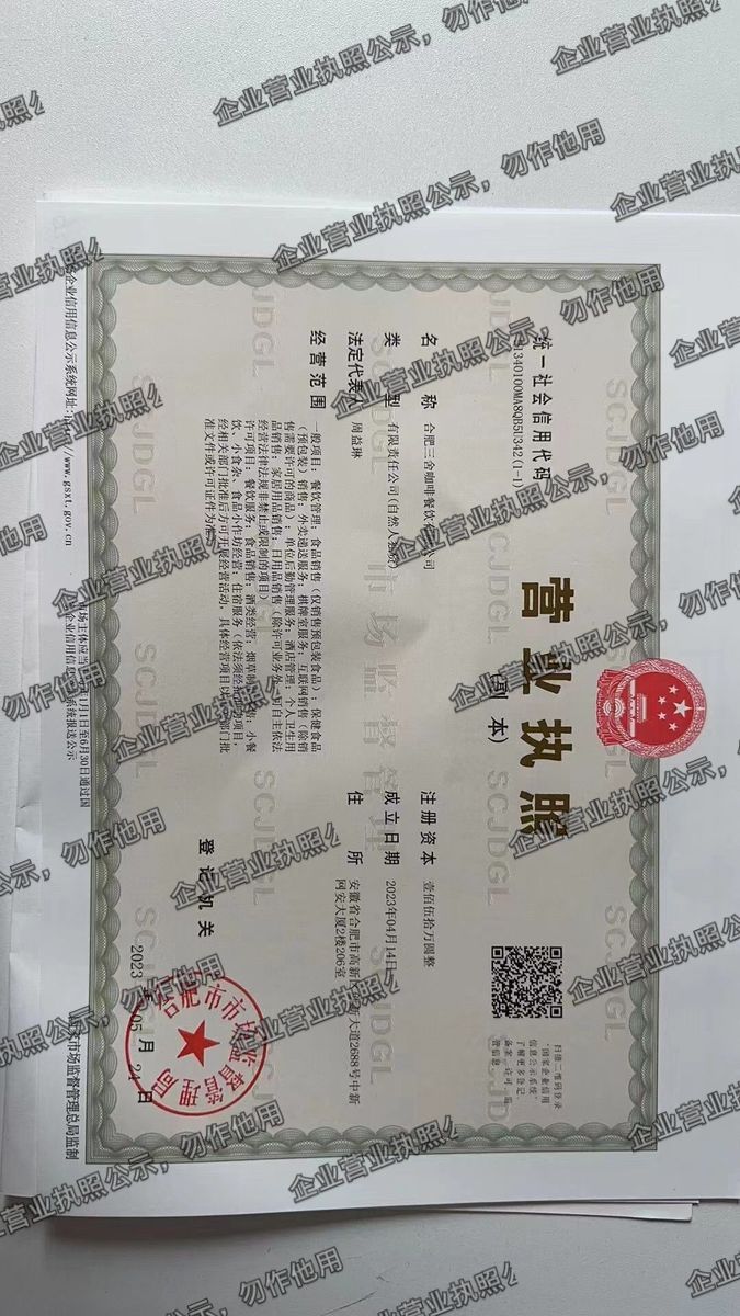 合肥三舍咖啡餐饮有限公司 营业执照高清公示图样