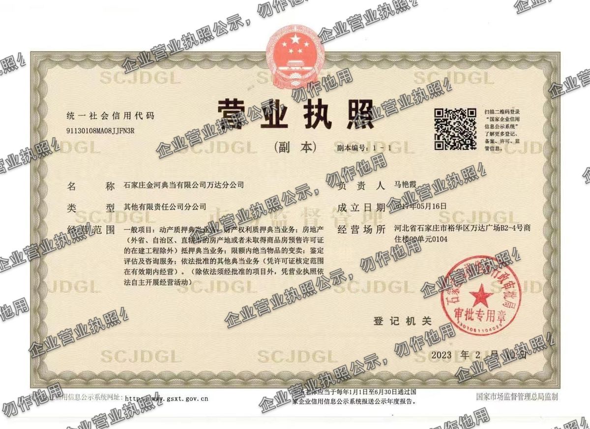 石家庄金河典当有限公司万达分公司 营业执照高清公示图样