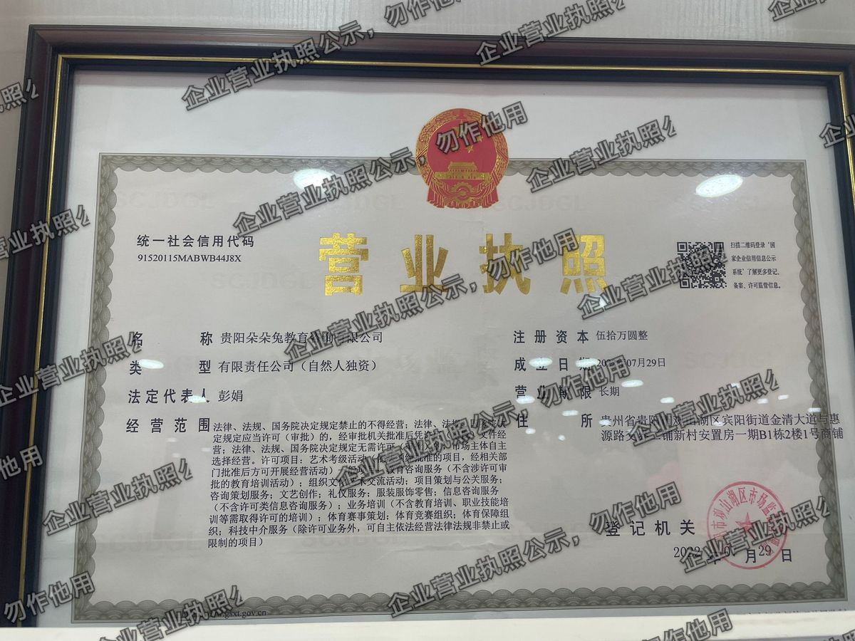 贵阳朵朵兔教育咨询有限公司 营业执照高清公示图样