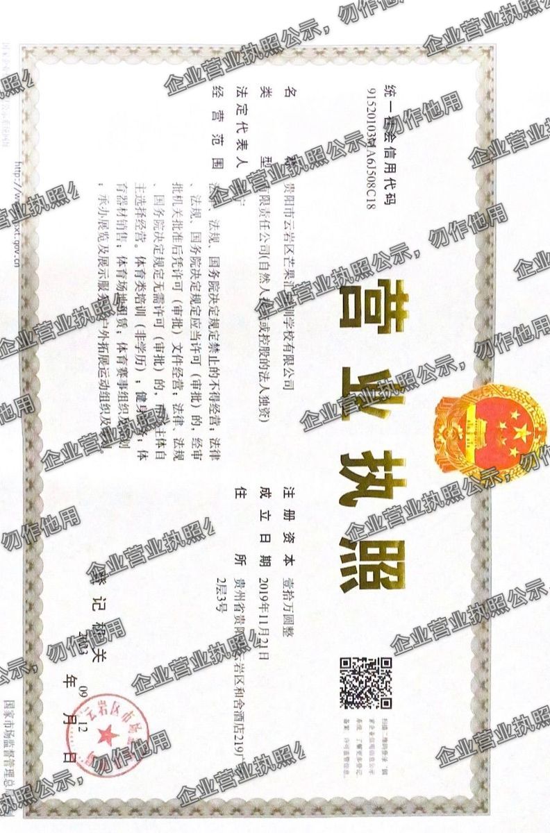 贵阳市云岩区芒果培训学校有限公司 营业执照高清公示图样