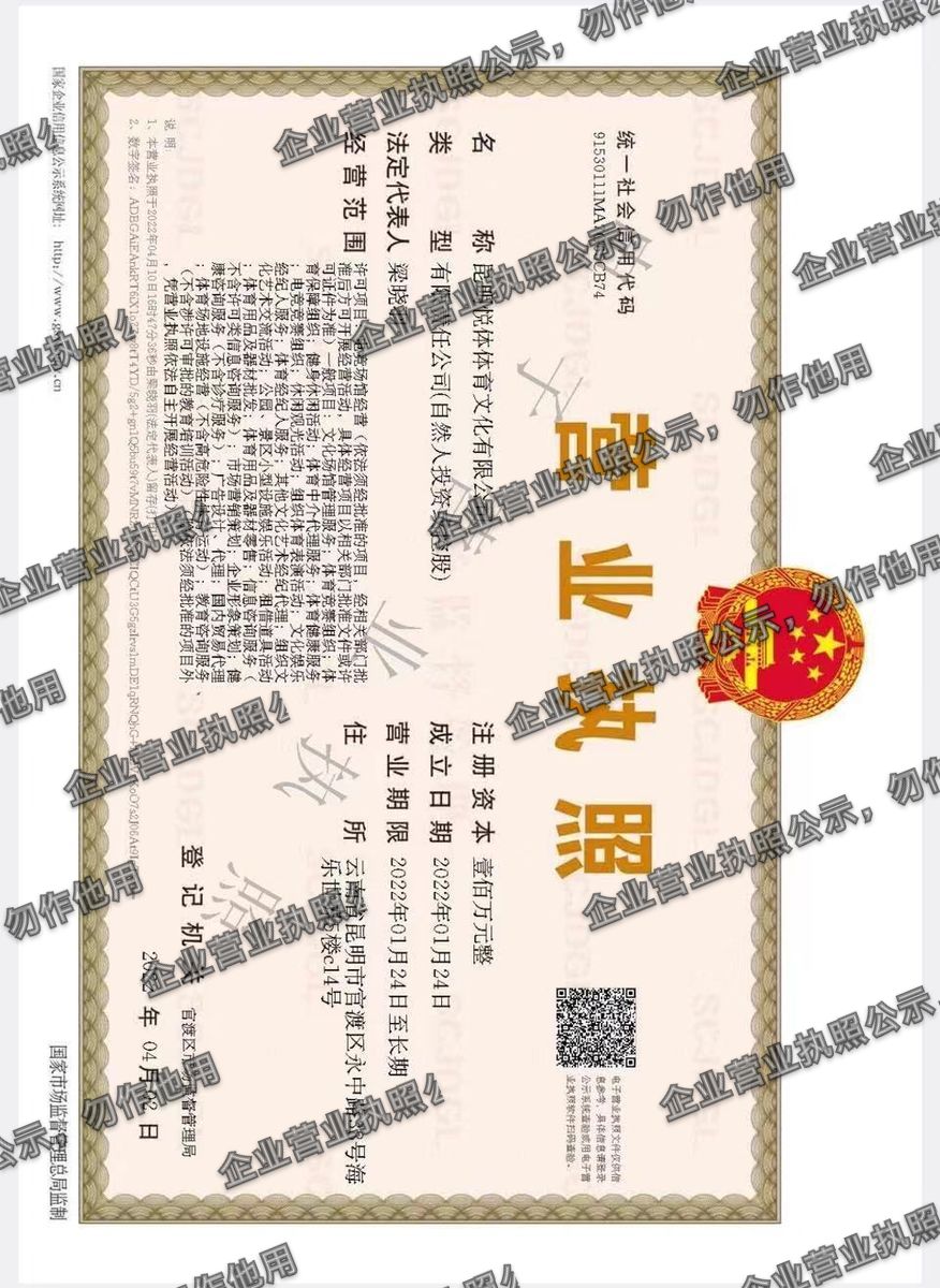 昆明悦体体育文化有限公司 营业执照高清公示图样