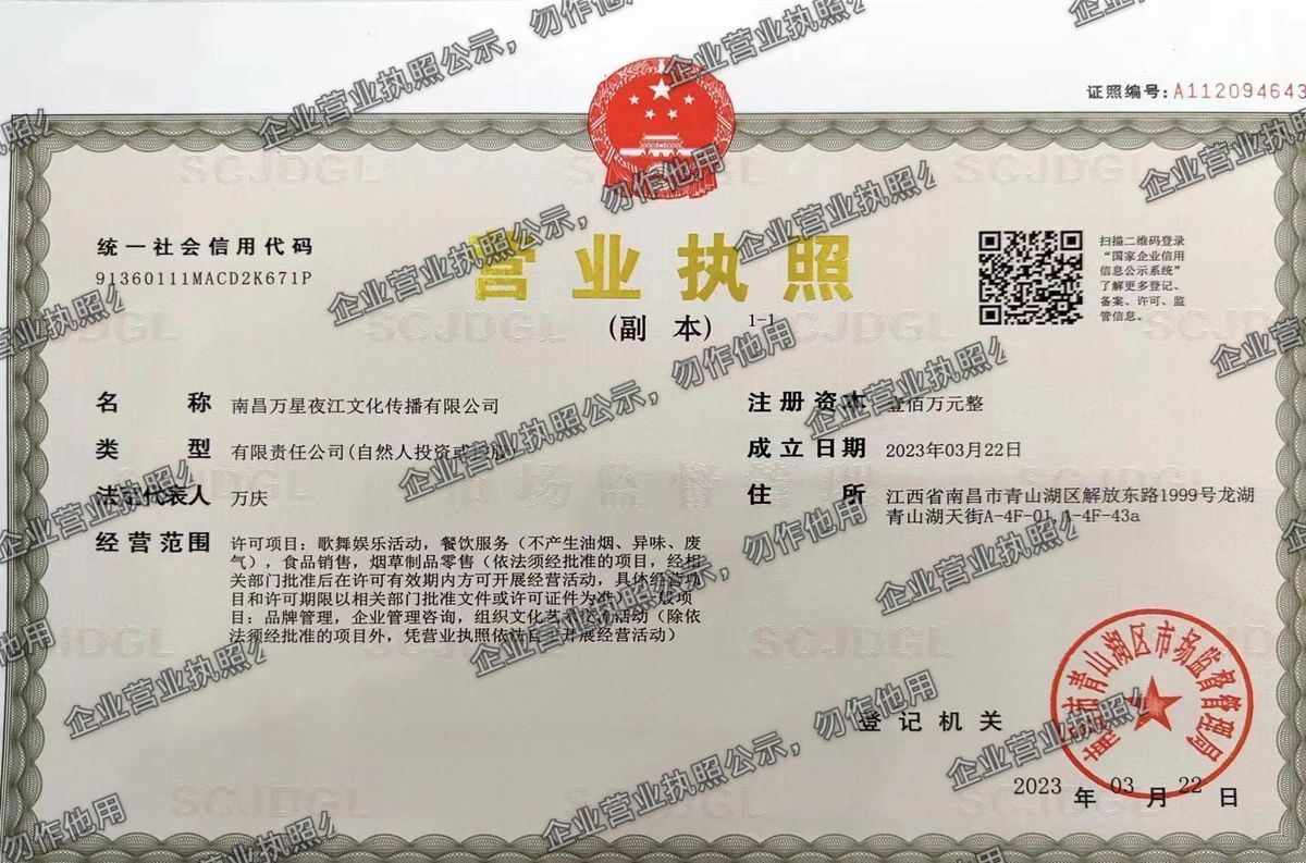 南昌万星夜江文化传播有限公司 营业执照高清公示图样