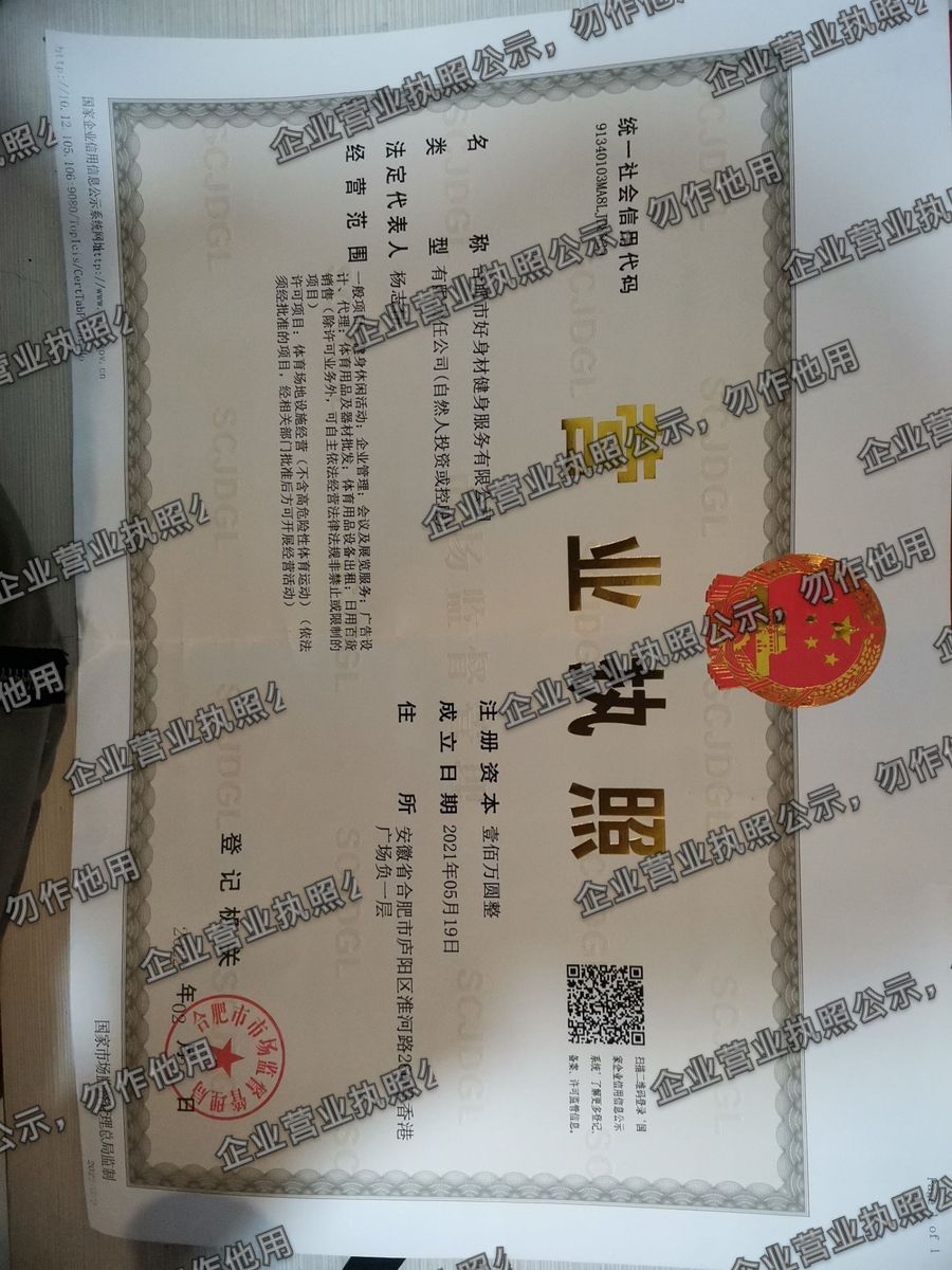 合肥市好身材健身服务有限公司 营业执照高清公示图样