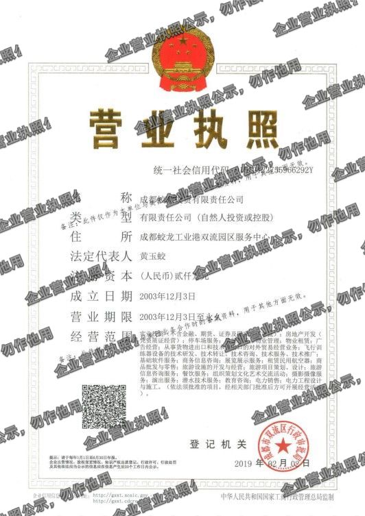 成都蛟龙投资有限责任公司 营业执照高清公示图样