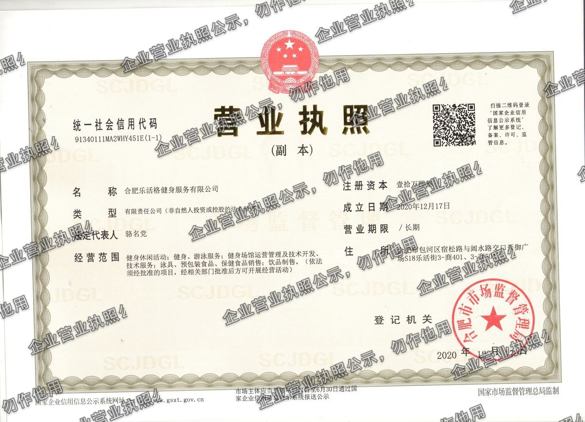 合肥乐活格健身服务有限公司 营业执照高清公示图样