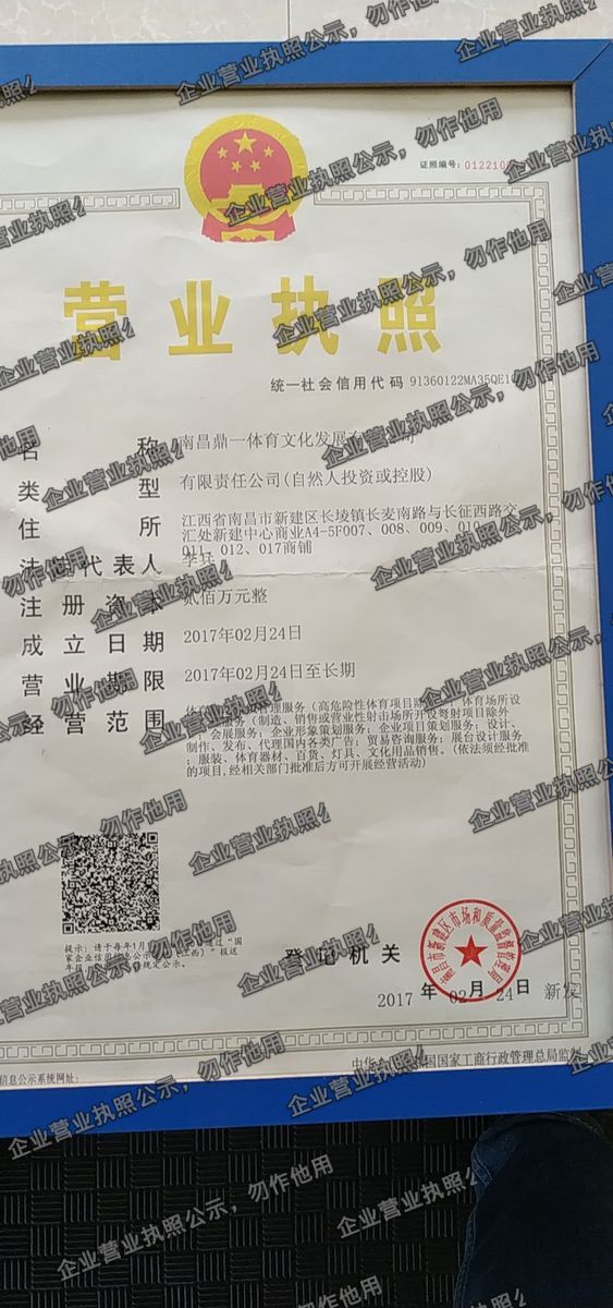 南昌鼎一体育文化发展有限公司 营业执照高清公示图样