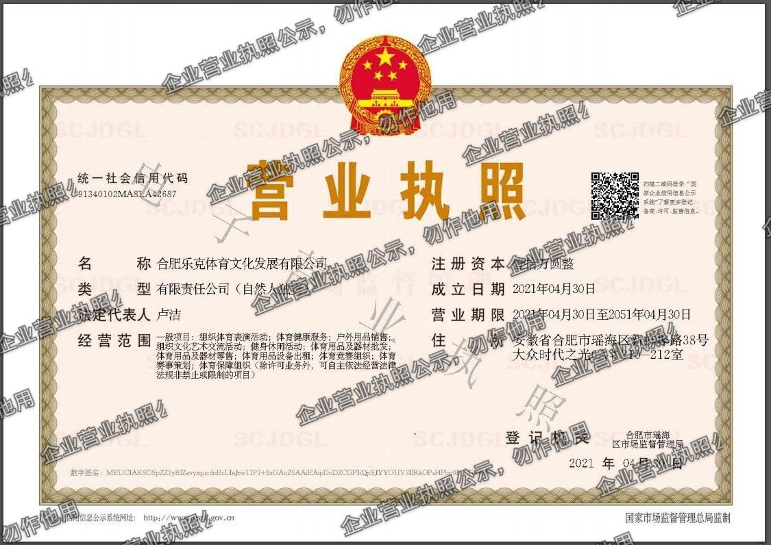 合肥乐克体育文化发展有限公司 营业执照高清公示图样