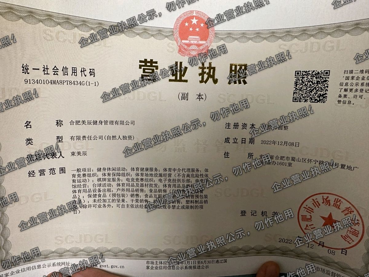 合肥美辰健身管理有限公司 营业执照高清公示图样