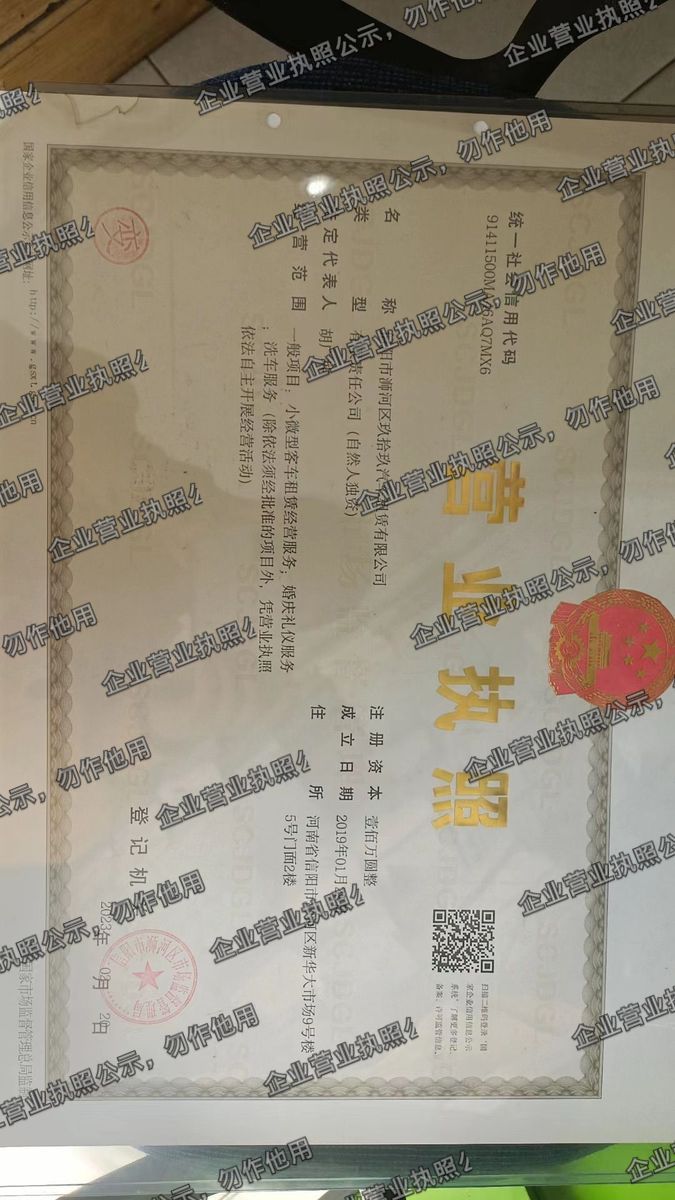 信阳市浉河区玖拾玖汽车租赁有限公司 营业执照高清公示图样