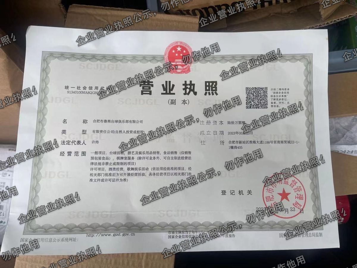 合肥市鲁熊台球俱乐部有限公司 营业执照高清公示图样